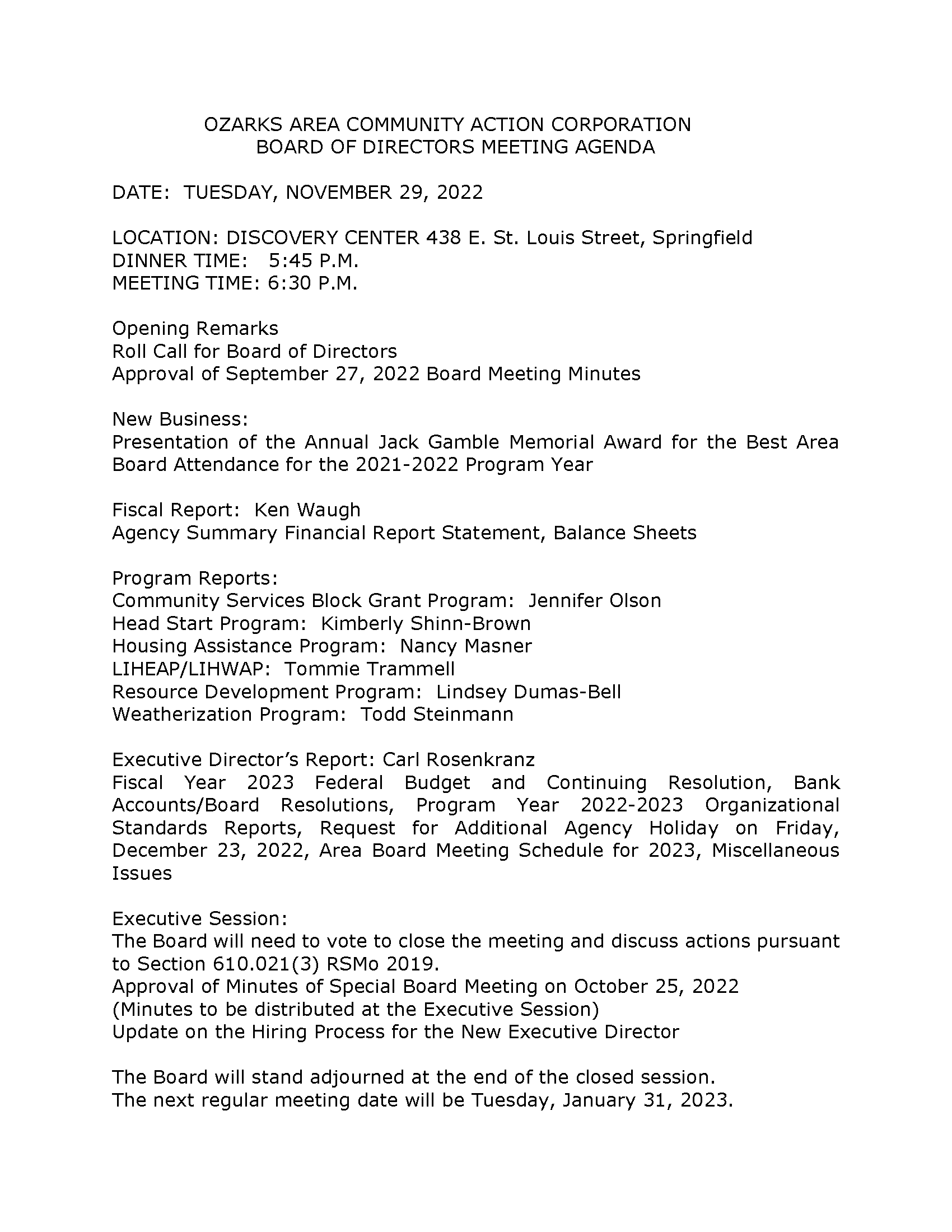 OACAC | Board Meeting Agenda For November 29, 2022