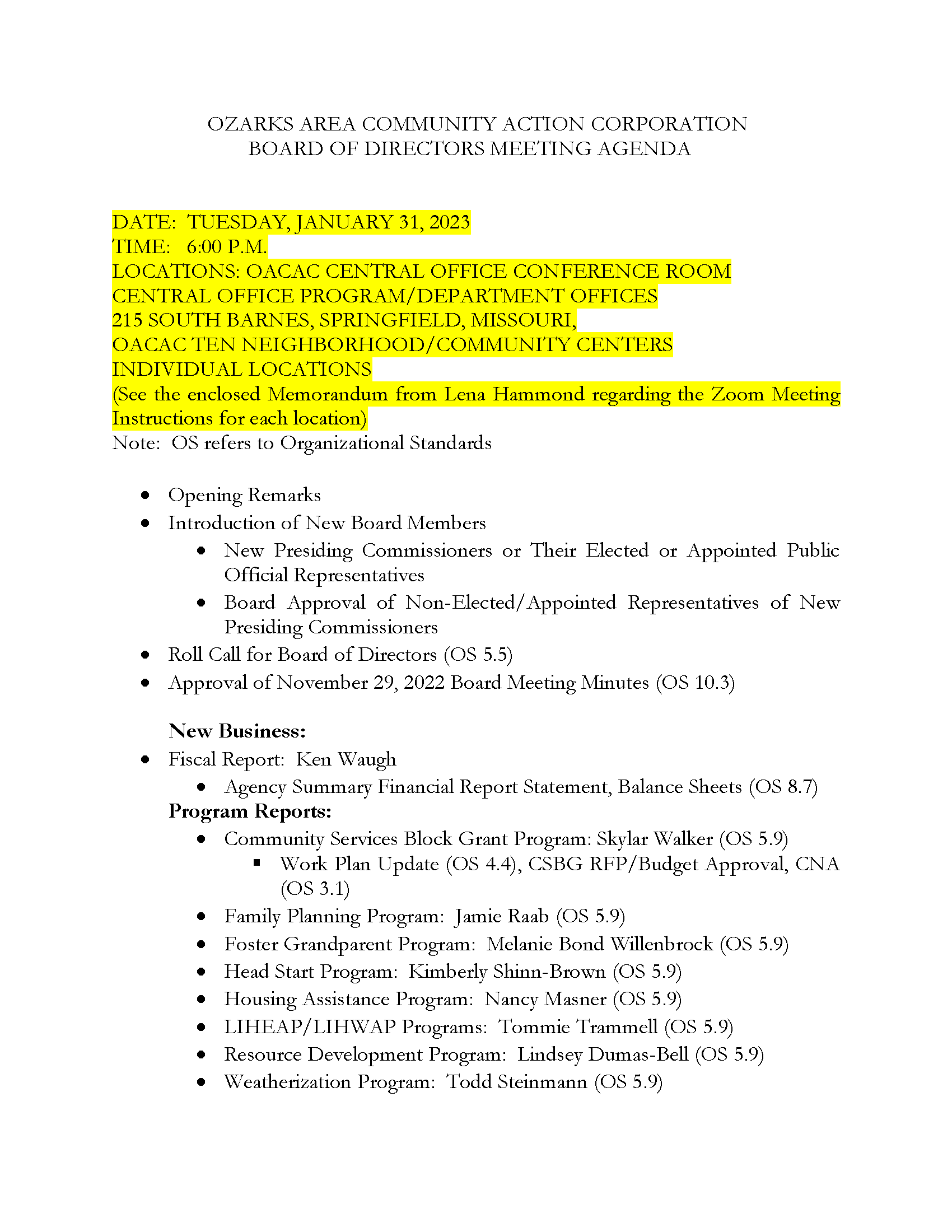 OACAC Board Meeting Agenda For 1/31/23