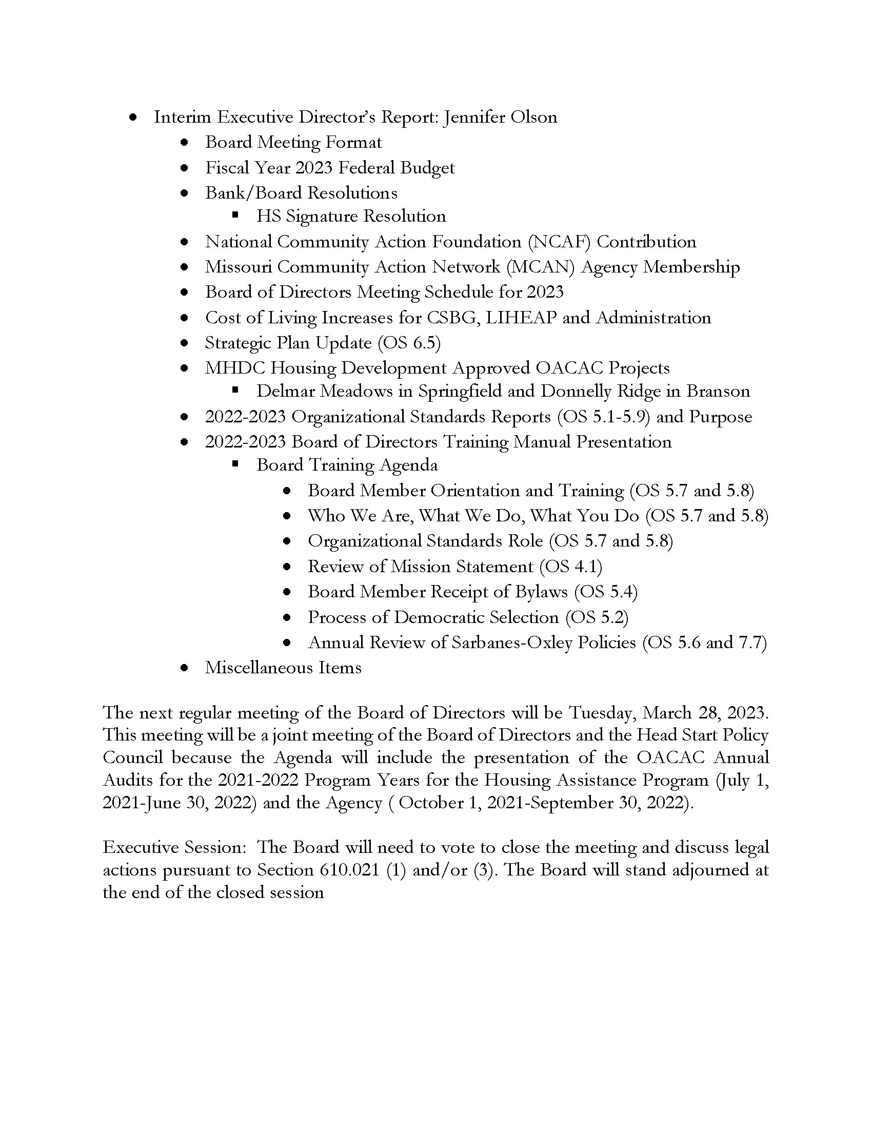 OACAC Board Meeting Agenda For 1/31/23