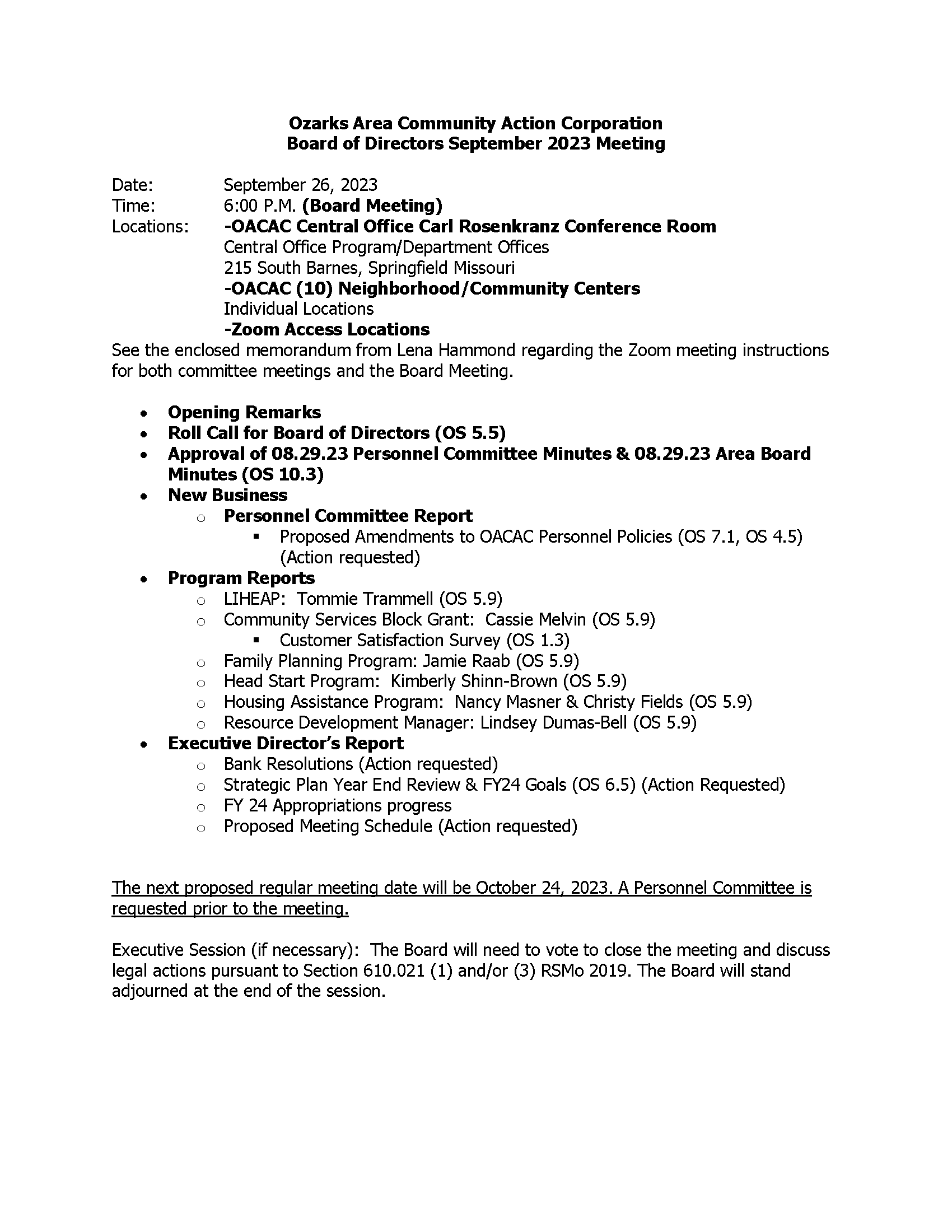 OACAC Board Meeting Agenda For 9/26/23